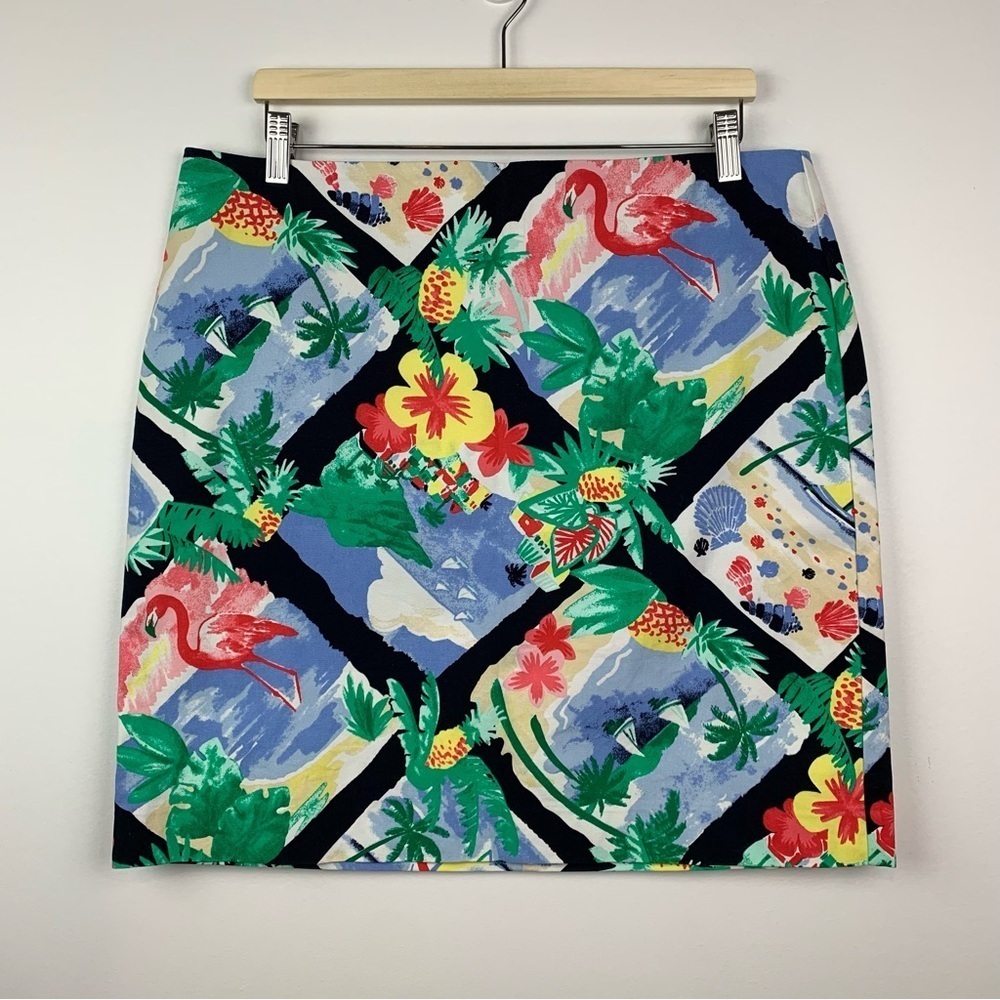Talbots Skirt Tropical Flamingo Flowers Beach Hawaiian Sz 14 Vibrant Cotton